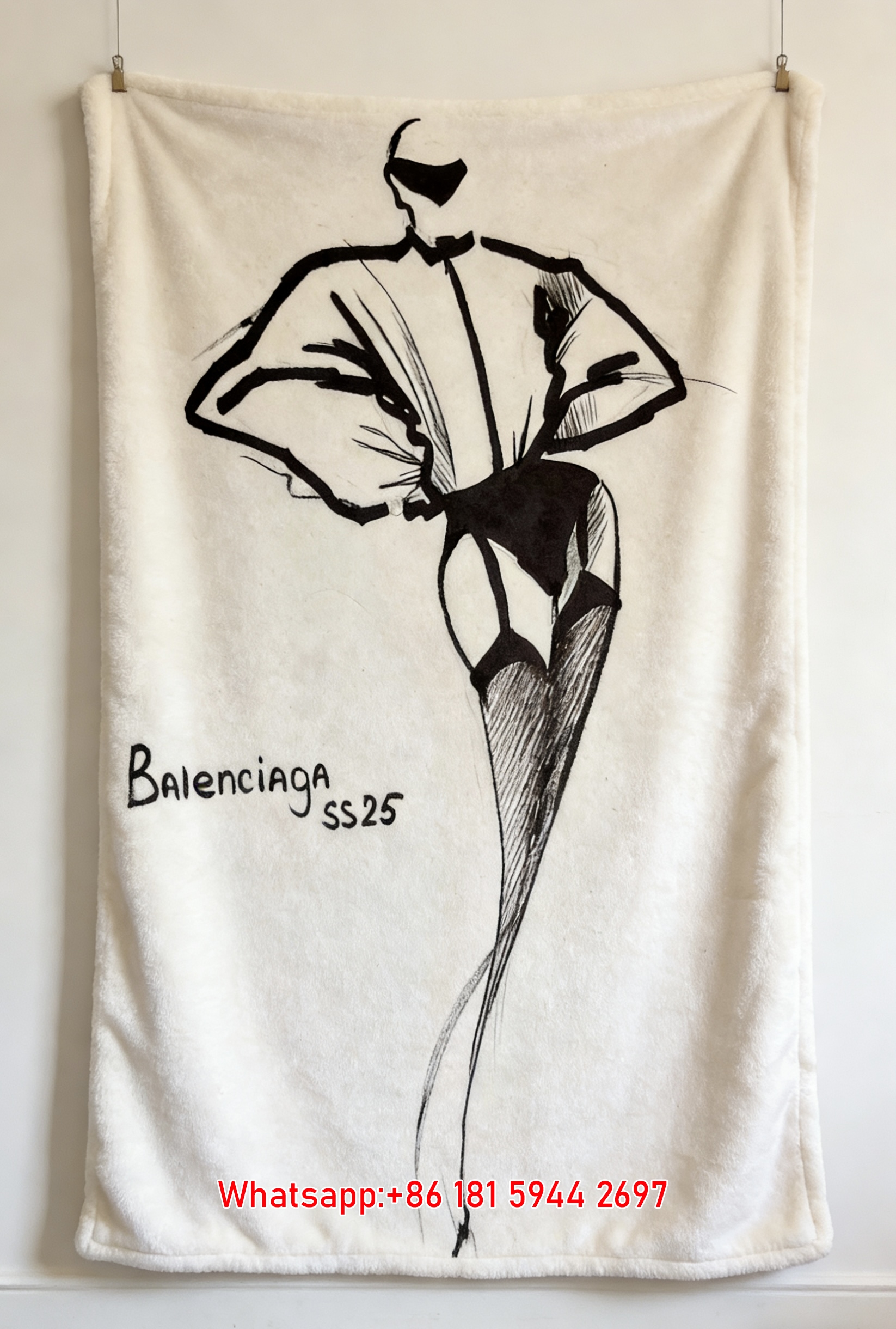 Balenciaga SS25 Fashion Sketch Flannel Throw Blanket for Sofa Wall Decor BA120